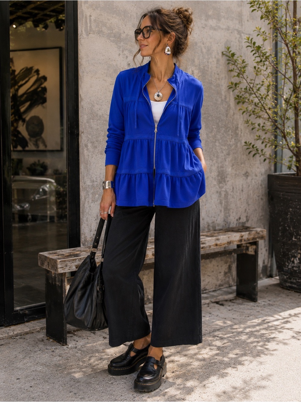 Neon Buddha Tiered Zip Sweatshirt Jacket Med Royal Blue Cotton Stretch Mock Neck